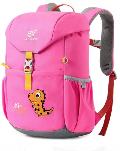 SKYSPER Mochila infantil 12L para niños y niñas 5-8 años | Dinosaurio | Senderismo, viaje, al aire libre (rosa)