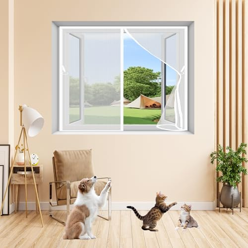Mosquitera Magnetica Ventana 137 x 117 cm Mosquitera Ventana Ajustable Malla Fina Adiós a Los Mosquitos con Cinta de Gancho No Es Necesario Taladrar, Blanco