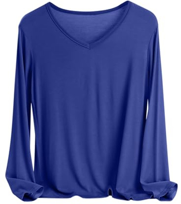 Tee Shirt Manche Longue Femme Vetement Basique Haut Décontracté Tee Tops Couleur Unie Tshirt Col en V T-Shirt Manches Longues Élégant Tunique Blouse Casual Vêtements Warehouse Occasion Bleu XXL