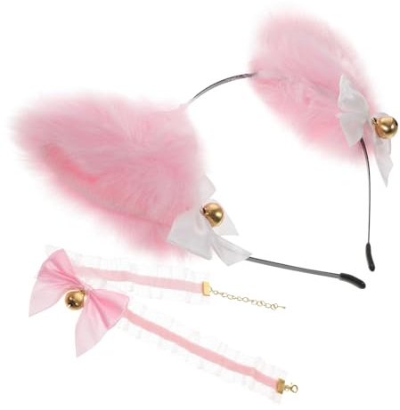 LRXIYODE Bandeau Oreilles Chat Set Avec Serre-tête Oreilles Rose Et Collier Cloche Avec Dentelle Pour Cosplay Fille Fête Anniversaire Noël