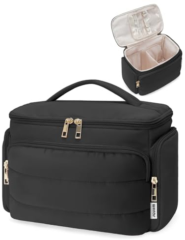 WANDF Travel Toiletry Bag, Large Wide-Open Makeup Bag with Handle, Puffy Cosmetic Wash Bag for Toiletries, Cosmetics, Accessories, Essentials for Women (Black)