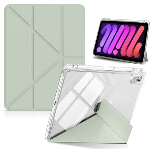 HinZann Funda para iPad Mini (A17 Pro) 2024 7 Generación/iPad Mini 6 Generación 2021 8,3 Pulgadas con Soporte, Cuero de PU + Funda Protección Transparente, Auto-Reposo/Activación - Verde