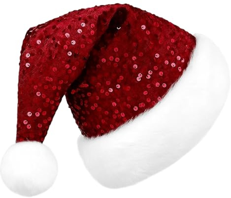 BrvDrn Weihnachtsmütze Mit Pailletten, Weihnachtsmützen, Rote Weihnachtsmütze Erwachsene, Festliche Weihnachtsmützen Mit Glitzer, Ideal Für Weihnachtsmarkt Und Weihnachtsfeier, 1 Stück