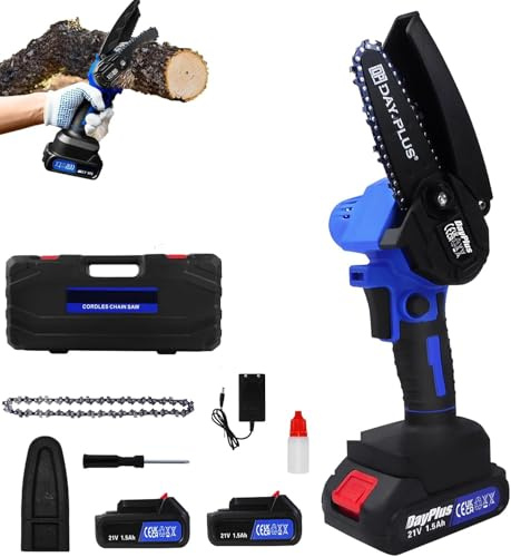 21V Akku Kettensäge mit 2x Akkus, 2 Kette, 6 Zoll Blau Kettensäge Elektrisch Handsäge Einhand Handkettensäge mit Sicherheitsschloss für Gartenarbeit Baumbeschneidung Holzschneiden