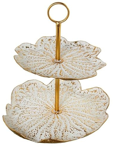 Frutero de 2 Pisos con Formas Irregulares de Metal Blanco y Dorado 47.5x45x42.5 cm