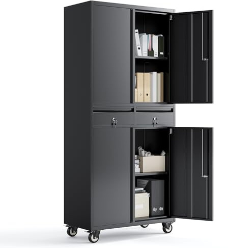 Aktenschrank, Mehrzweckschrank Metallschrank Mit Rollen , Büroschrank Stahlschrank Lagerschrank Werkstattschrank Mit Glastüren 2 Schubladen 2 Verstellbaren Einlegeböden Abschließba Büromöbel 180*76*38