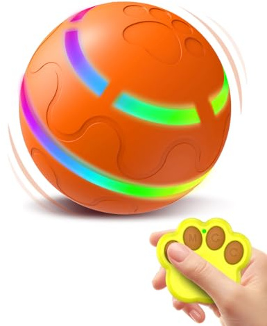 Trongle Interaktives Hundespielzeug, Automatisch Rollender Ball mit LED-Lichtern, Durable 360° Anti-Kau-Ball mit Fernsteuerung, Interaktiver Hundeball für mittlere und große Hunde(Orange)