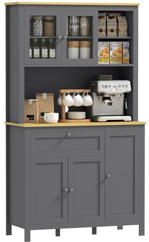 HOMCOM Alacena de Cocina Alta, Mueble Auxiliar de Cocina, con 5 Puertas, Estante Ajustable, Cajón, Encimera Abierta de Microondas, Orificio para Cable, 100x40x180 cm, para Comedor, Salón, Gris