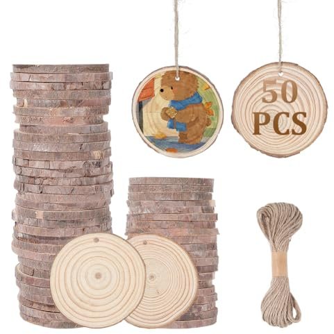 PH PandaHall Set di 50 fette di legno non finite, ornamenti in legno con 10 m, corda di iuta con foro piatto rotondo, ornamento per fai da te artigianato e arti decorazione casa, 6,4-8 cm