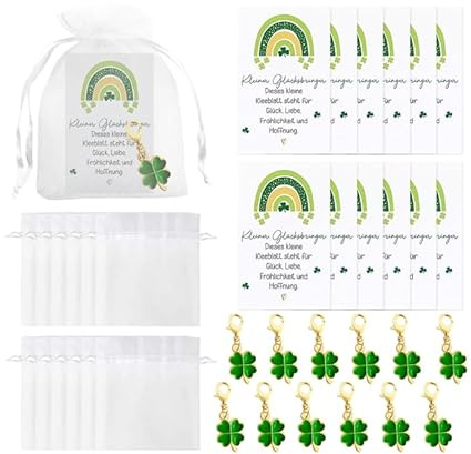 HSYWSH Lot de 12 Porte-clés Trèfle à Quatre Feuilles Porte-Bonheur, Pendentifs à Quatre Feuilles avec Carte de Vœux et Sachets Organza, Coffrets Cadeaux Porte-Bonheur, Cadeaux Chance (Vert A)