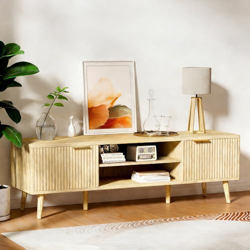 JMGJOY TV-Schrank Fernsehtisch Lowboard für Fernseher bis zu 60 Zoll 140 cm lang mit 2 Türen 2 offenen Fächern Modern für Wohnzimmer Unterhaltungsraum (Holzfarbe)