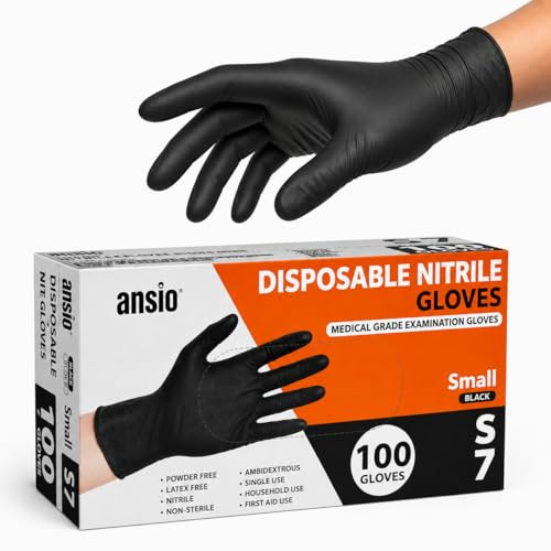 ANSIO Black Nitrile Latex Free Disposable Gloves Small, 100 Pack | Powder Free, Food Safe, Touchscreen Compatible, Cleaning, Food Prep, Hair Dye & DIY