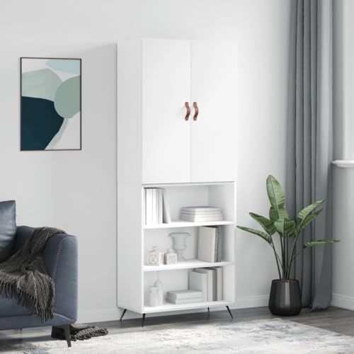 LoogCape Weißes Highboard 69,5x34x180 cm aus Holzwerkstoff mit Tür und Stauraum für Wohnzimmer Esszimmer Flur Büro, platzsparender Schrank mit Metallfüßen und praktischer Aufbewahrungslösung