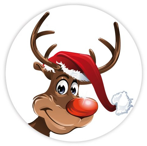 Weihnachtsaufkleber Weihnachtssticker Rentier mit Weihnachtsmütze Ø 30 mm, 100 Stück, Haftpapier