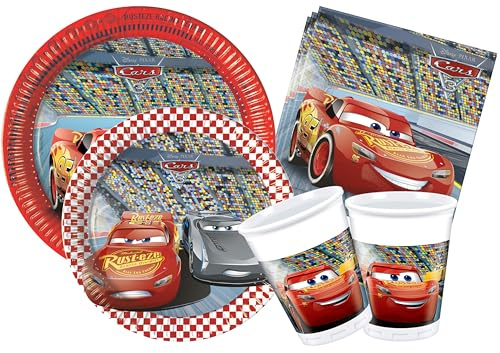 Kit Party Tavola Disney Cars 3 per 8 persone (44 pezzi: 8 piatti carta Ø23cm, 8 piatti carta Ø20cm, 8 bicchieri plastica 200ml, 20 tovaglioli carta 33x33cm)