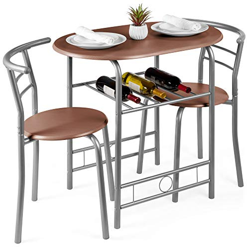 Best Choice Products 3-Piece Wooden Round Table & Chair Set for Kitchen, Dining Room, Compact Space w/Steel Frame, Built-in Wine Rack - Espresso