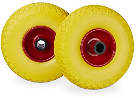 Relaxdays Set de dos ruedas de carretilla, Neumático de goma 3.00-4, Eje de 25mm, Hasta 100 kg, Amarillo-rojo
