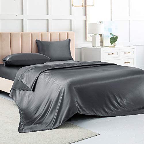 Satin Bed Sheets Queen Sheet Set, Grey Silk Sheets, 4 - Pieces Soft Bedding Set with 1 Deep Pocket Fitted Sheet,1 Flat Sheet,2 Pillowcase