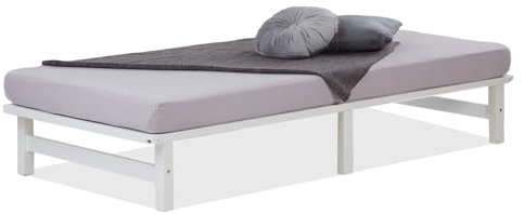Homestyle4u Holzbett 90x200 Weiß Palettenbett Bettgestell mit Lattenrost Bett Holz Kiefer Tagesbett Futonbett Gästebett