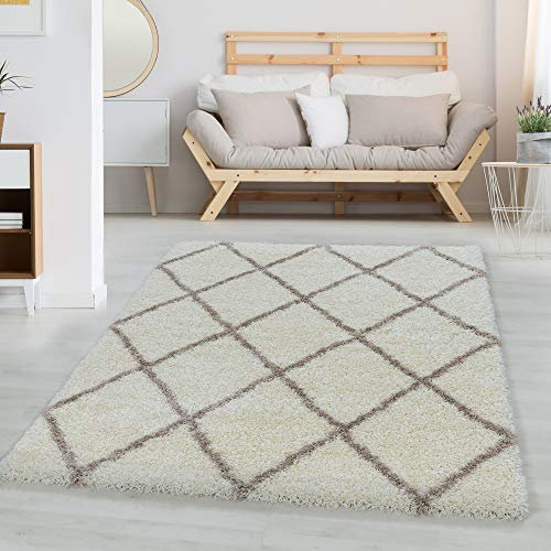 Carpettex Hochflor Teppich Wohnzimmer Skandinavische Rauten Design Teppich Creme 120 x 170 cm - Shaggy Teppich Schlafzimmer Flauschiger Teppich Weich - Langflor Teppich Esszimmer Küchenteppich