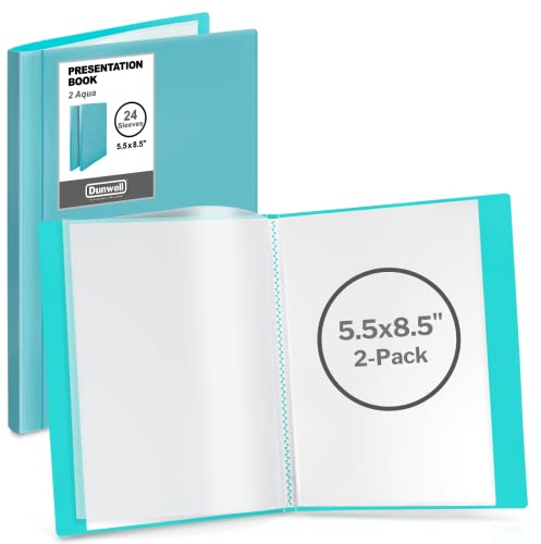 Dunwell Small Presentation Book 5.5x8.5 (2-Pack, Aqua), 24 Pockets Display 48 Half Size Pages, Plastic Binders with Sleeves, 5.5 x 8.5 Mini Booklets, Acid-Free Poly
