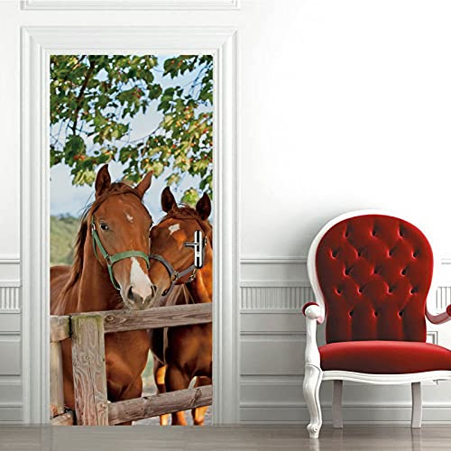 A.Monamour Türtapete Selbstklebend Türfolie Türposter 3D Zwei Pferde Stehen Am Tierthema Der Holzzäune Vinyl Folie Türdeko Tapete Wandbild Türaufkleber Türtattoo 90 x 200 cm