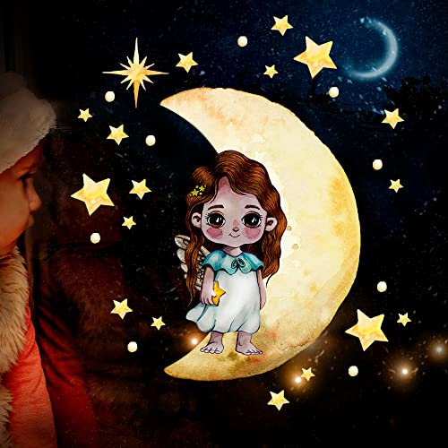 Fensterbild Weihnachtsdeko Weihnachten Engel Engelchen auf Mond wiederverwendbar Fensterdeko Winter Fensterbilder Kinder Zimmer bf155 ilka parey wandtattoo-welt®