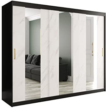 Kleiderschrank Kamoga POLE, Schwebetürenschrank mit 2 Kleiderstangen Spiegel Marmor Muster Schiebetürenschrank für Schlafzimmer Garderobe (Modell 250, ohne Schubladen, Schwarz / Marmor Weiß + Gold)