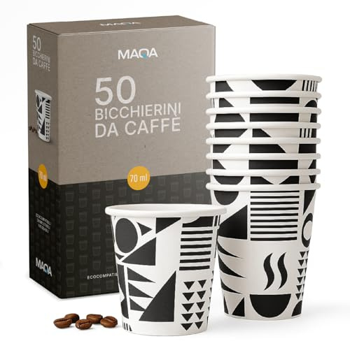 MAQA - 50 Bicchierini Caffè Carta, 70ml COMPOSTABILI – Bicchieri Caffe Monouso Ecologici, Resistenti al Calore, Riciclabili, Ideali per Espresso, Casa, Eventi e Ufficio