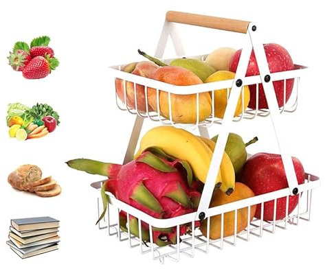 JZZANG Fruit Basket 2 Tier, Detachable Fruit Holder, With Wooden Handle Kitchen Countertop Fruit Rack Metal Fruit Vegetables Bowls for Home, Vegetable Rack for Home for fruits, vegetables Rack (White)