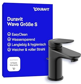 Duravit Wave Waschtischarmatur, Größe S (Auslauf Höhe 77 mm), Wasserhahn Bad mit Zugstangen-Ablaufgarnitur, Armatur Waschbecken, Schwarz Matt