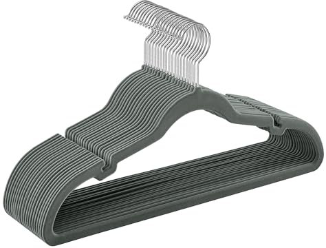 SONGMICS Velvet Hangers, Pack 20 Coat Hangers for Clothes, Non-Slip, with Shoulder Notches, Trouser Bar, 360° Swivel Hook, Space-Saving, 0.6 cm Thick, 43 cm Long, Grey CRF029G02