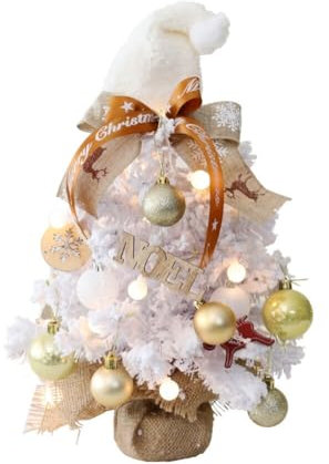 ISAKEN 60cm Kleiner Weihnachtsbaum Künstlicher Tannenbaum Weiß Christbaum PVC Kunstbaum mit LED Weihnachtskugeln Weihnachtsdekoration Geeignet für Weihnachten Partys Zuhause Drinnen und Draußen