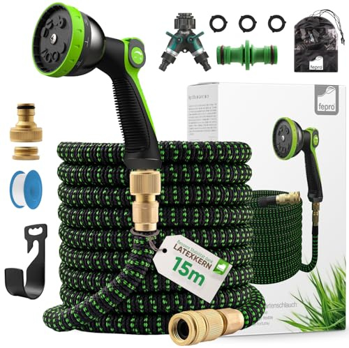 Fepro® Flexibler Gartenschlauch mit 10 Funktion max.15m Premium, Wasserschlauch flexibel mit 3-Fach Latexkern inkl. Vollmessing Adapter für 1/2' 3/4' Zoll, Tasche, 2-Wege Ventil und Wandhalterung
