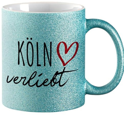 Huuraa Glitzertasse Köln verliebt Geschenk 330ml Blau Köln Präsent