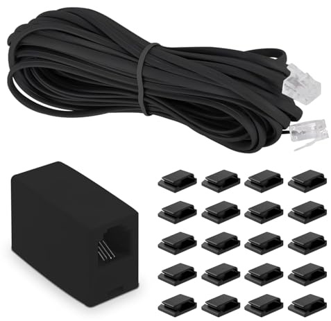 MAOZHOU Telefonkabel,10m RJ11 6P4C Stecker Modularkabel + RJ11 Modular Kupplung + 20 Kabelclip Kabelhalter,RJ11 auf RJ11 Stecker Flachkabel für Modem Router Telefon Fax ISDN DSL VDSL - Schwarz