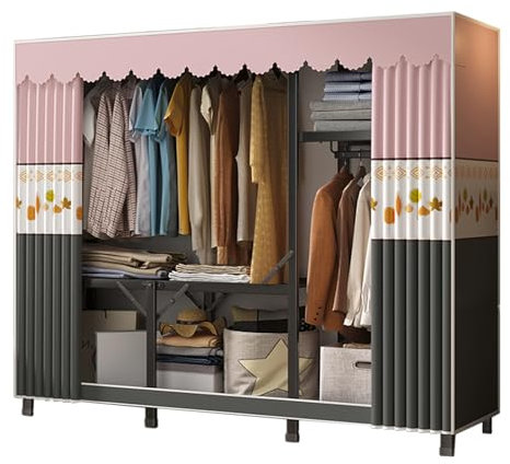 Faltbarer Kleiderschrank, Stoffschrank, Faltbare Garderobe mit Kleiderstangen, Stoffschränke für Schlafzimmer, Einzelbett, Faltbarer Kleiderschrank aus Segeltuch, Rosa/Grau