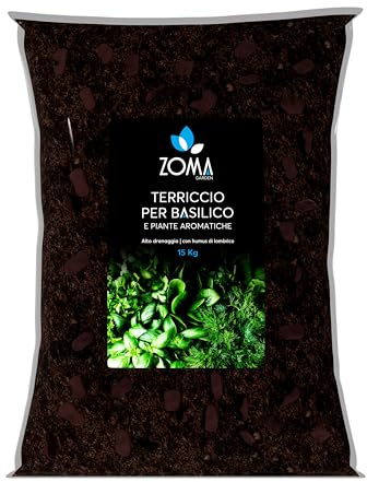 ZOMA Terriccio per Basilico e Piante Aromatiche - Ideale per Vasi, Evita Ristagni Idrici - Terriccio piante aromatiche con Humus di Lombrico, privo di Fertilizzanti Chimici - 15 Kg