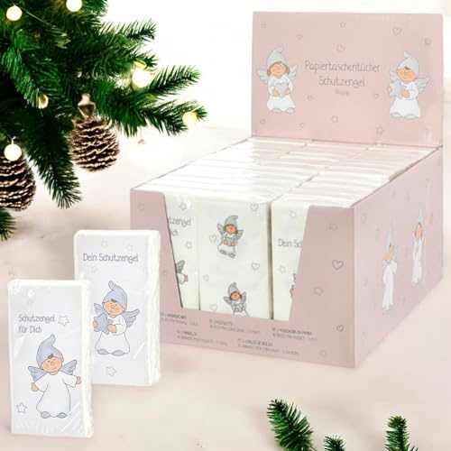 MIJOMA Papiertaschentücher Set Schutzengel - 3-lagig - 36 Packungen – Weiß bedruckt – Mitbringsel zu Weihnachten, Wichtelgeschenk, Genesungswunsch, praktisch und weich