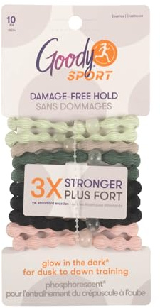 Goody Sport Forever Glow in the Dark Elastic Hair Ties - 10 Ct, 5 Assorted Colors, No Damage, 3X Stronger, Sport-Level Grip, All Hair Types