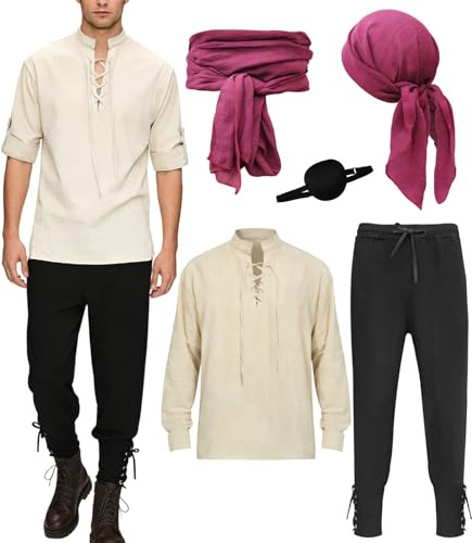 Ginkago Costume da Pirata per Uomo Set Completo con Camicia e Pantaloni, Benda per un Occhio, Bandana e Fascia Vita per Halloween Carnevale e Cosplay (Cachi, S)