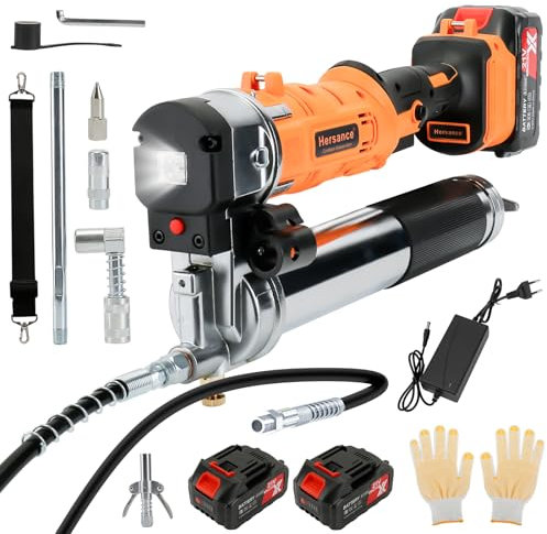 Hersance Pompe a Graisse Électrique, Kit de Pistolet à Graisse avec 2 Batteries de 4000 mAh et Chargeur, Tuyau Flexible de 39,4, Pompe à Graisse 10 000 PSI de Rangement