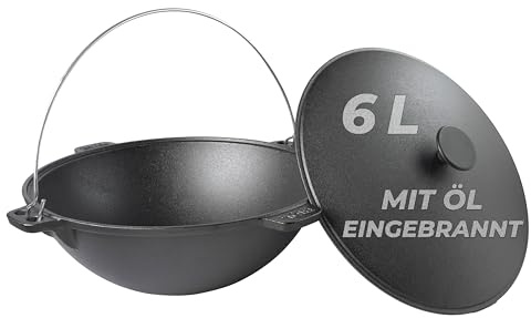 BIOL Fonte Kazan 6 litres avec anse et couvercle en fonte, quatre poignées, cocotte pour cuisiner, mijoter, rôtir, frire, wok pour Plov, feu ouvert, camping, extérieur