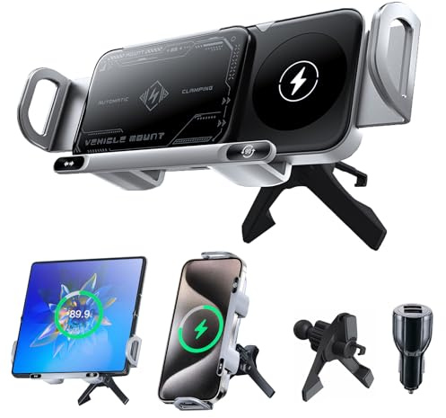 Olycism Supporto per cellulare auto per Galaxy Z Fold/Flip con funzione di ricarica 15 W Dual Coils QC 3.0 Fast Charge per Z Fold/Flip 6 può ruotare automaticamente, supporto auto senza fili, colore
