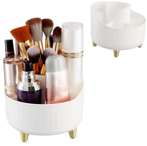 Organisateur de Maquillage Rotation à 360° Blanc, Boite Skincare Rotatif Rangement Makeup, Pot Pinceau Maquillage Rangement Coiffeuse Salle de Bain, avec 6 Compartiments, pour Chambre à Coucher