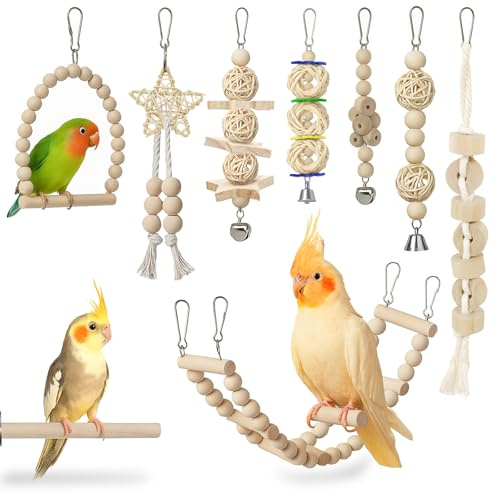 Jiaoshou Pan 9 Pièces Jouets pour Oiseaux, Jouet Perroquet avec Balançoire, Échelle, Cloche et Jouets à Mâcher pour Perruches, Inséparables, Pinsons et Calopsittes (Bois)