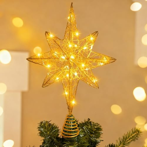 Christmas Tree Topper Lighted: 13.5'' Gold Glitter Christmas Tree Star Topper with 20 LED Lights for Indoor Christmas Tree New Year's Holiday Decorations