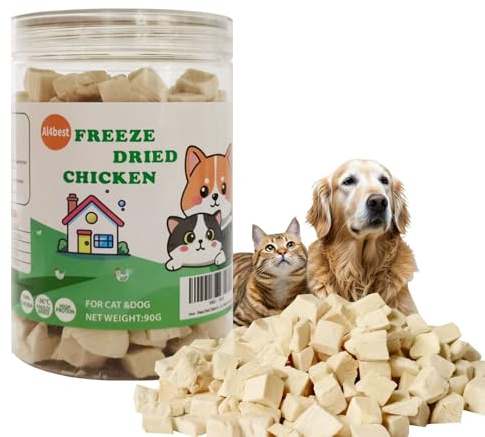 Freeze Dried Chicken Breast Cat Treats and Food 90g 100% Chicken Natural Grain Free Allergen-Free & Hypoallergenic Easy Digestion Nibbles Nutritious Cat, Kitten and Dog Snacks(Medium-Sized Cube 12mm)