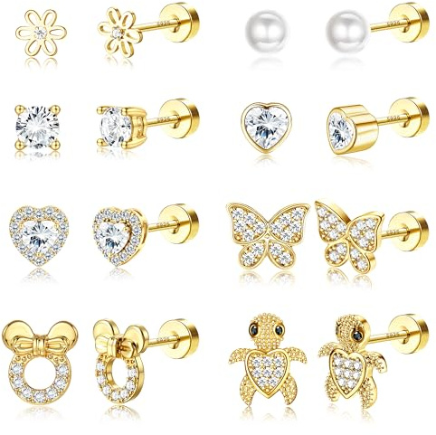 Adramata 8 Paires Boucles d'Oreilles Argent 925 pour Filles Femme Hypoallergéniques Fermoir à vis Boucle d'Oreille aux Oreilles Sensibles Fleur Coeur Papillon Bijoux Enfants Fille Or Argent