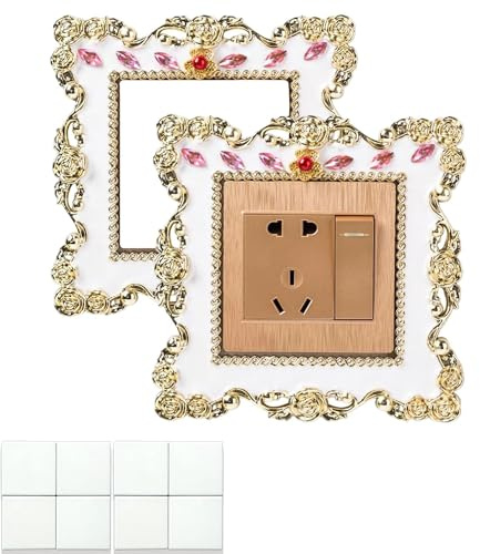 Light Switch Surround, Light Switch Cover Plates, Light Switch Covers, DWUENT 2Pcs Golden White Switch Plates, 8.6x8.6cm Plastic Wall Covers for Home Office Decor
